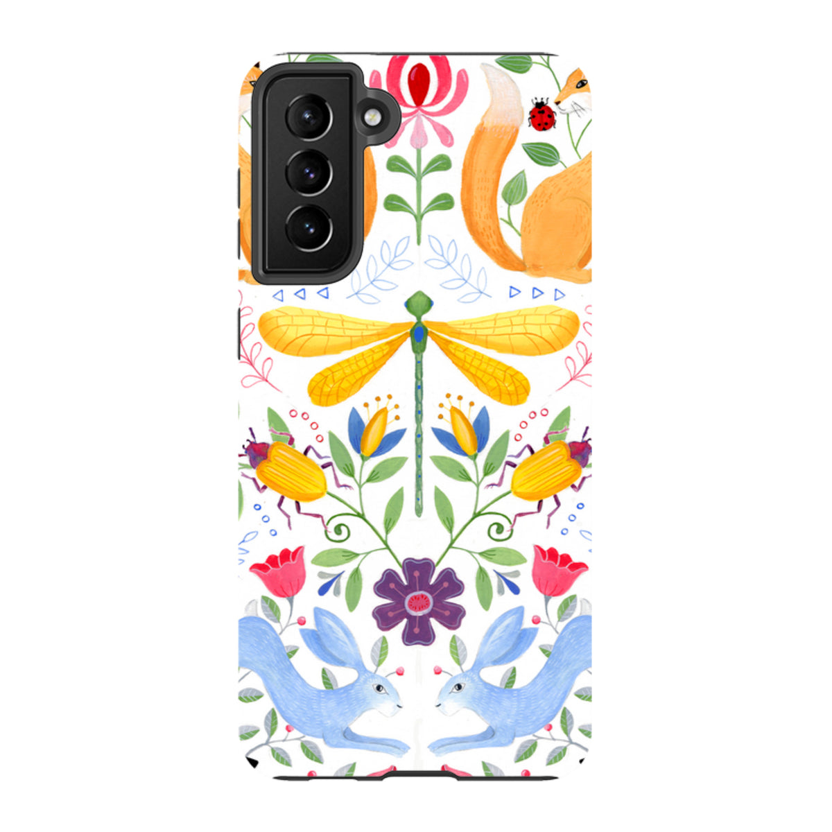 Samsung Tough Case featuring a vibrant Folk Garden print with foxes, rabbits, dragonflies, and flowers on a white background.