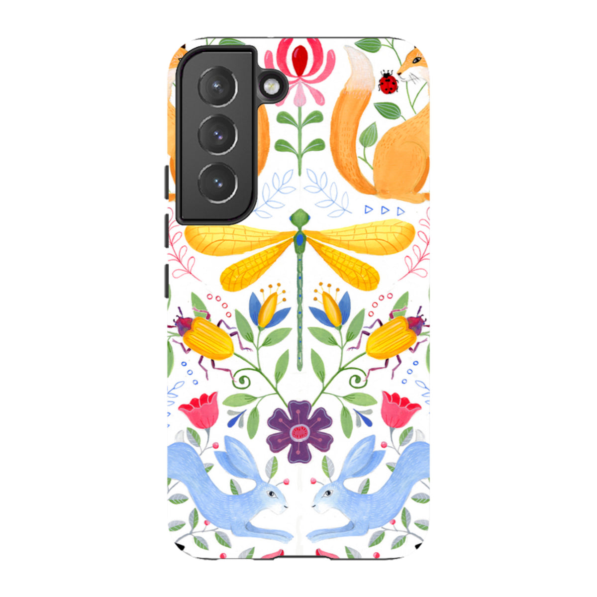 Samsung Tough Case featuring Folk Garden floral and animal art with a fox, dragonfly, and rabbits on a white background.