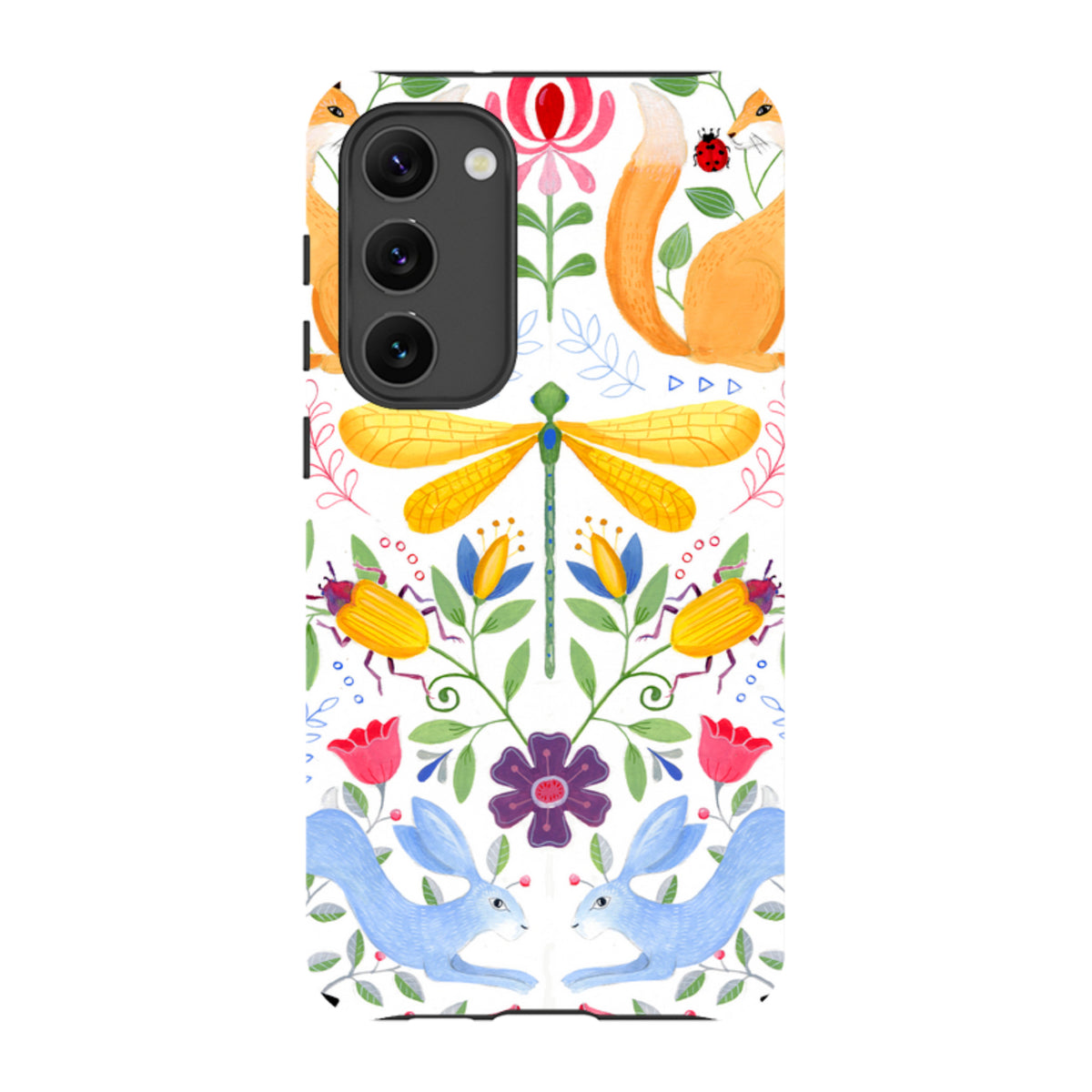 Samsung Tough Case featuring a vibrant folk art garden print with foxes, rabbits, insects, and flowers on white.
