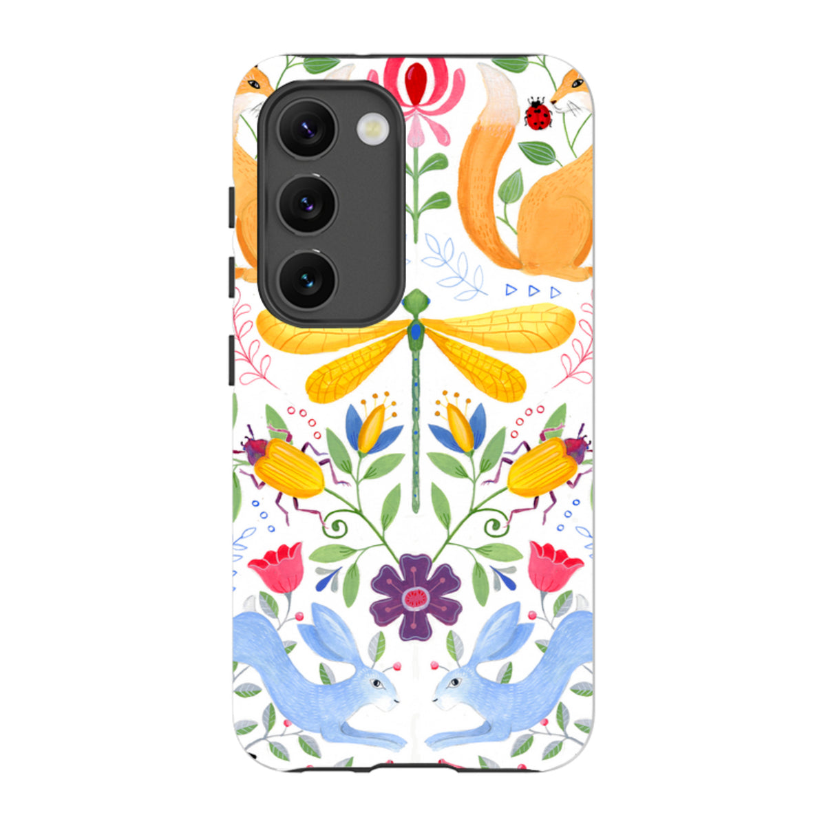 Samsung tough case featuring a colorful Folk Garden print with foxes, rabbits, dragonflies, and flowers on white.