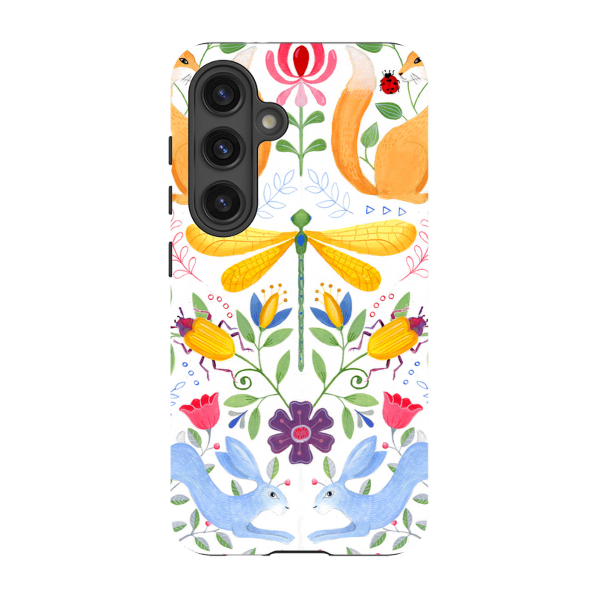 Samsung Tough Case featuring Folk Garden art with foxes, rabbits, and dragonflies on a white background.