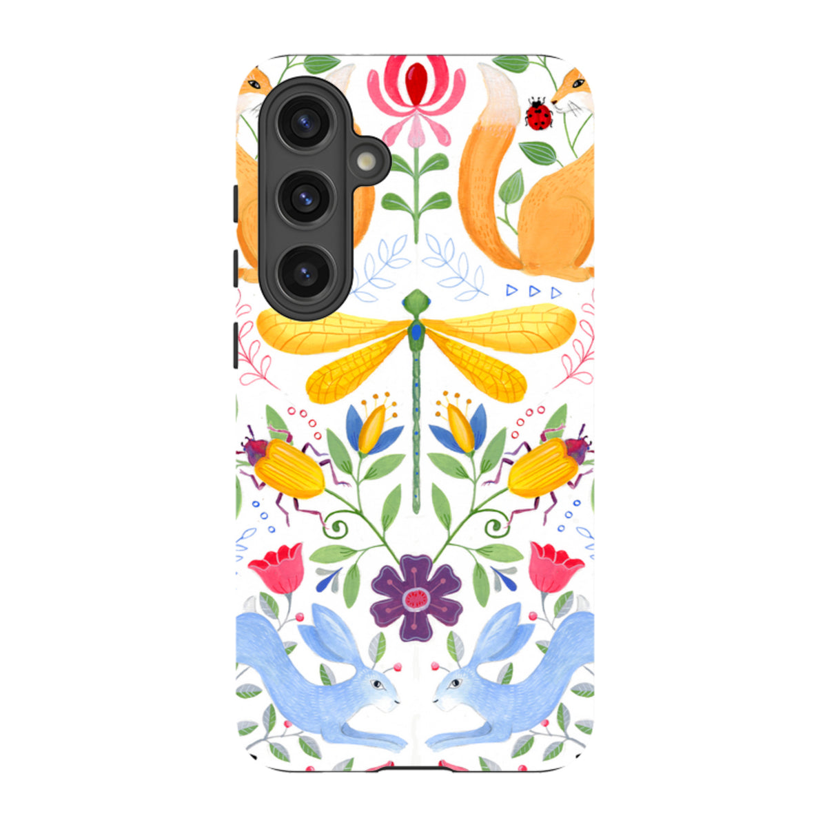 Samsung Galaxy tough case featuring a vibrant Folk Garden print with foxes, blue rabbits, a dragonfly, and floral motifs.