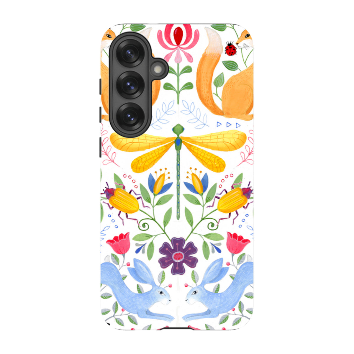 Samsung Tough Case featuring a vibrant Folk Garden print with foxes, rabbits, and insects on a white background.