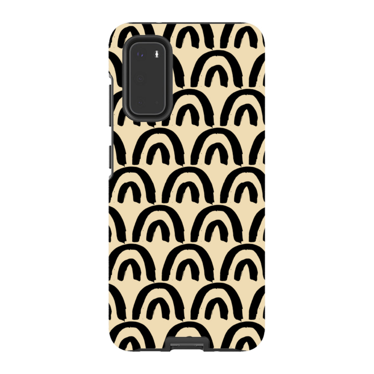 Samsung Tough Case featuring a black hand-drawn arch pattern on a beige background with dual-layer protective design.