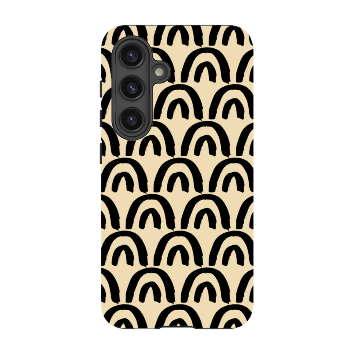 Samsung Galaxy tough case featuring a beige background with a repeating black hand-drawn arch pattern.