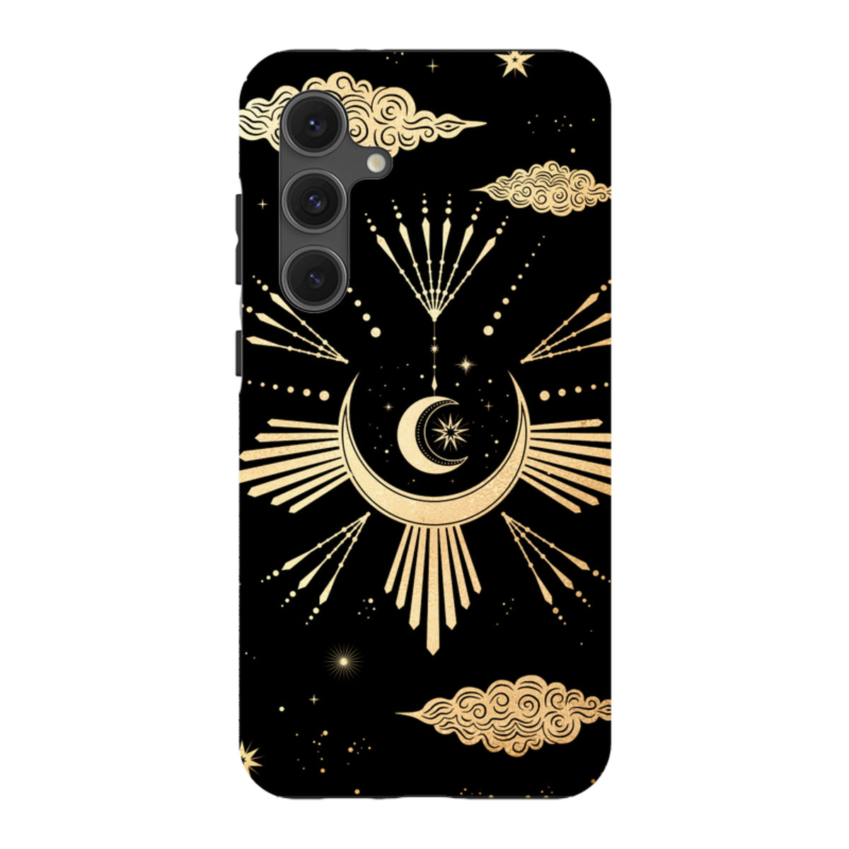 Samsung Galaxy tough case in black with gold celestial moon, star, and cloud artwork in a dual-layer protective design.