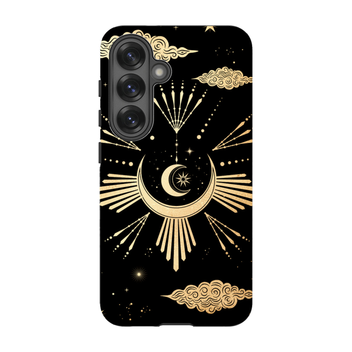 Samsung Tough Case featuring a black background with gold celestial moon, star, and cloud artwork for Galaxy phones.