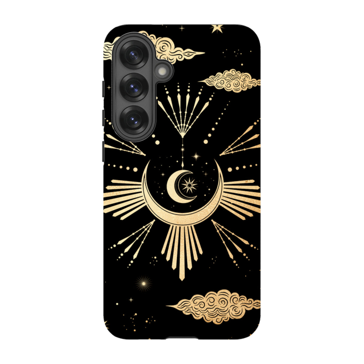 Samsung Galaxy tough case featuring a black background with gold celestial moon, star, and cloud art design.