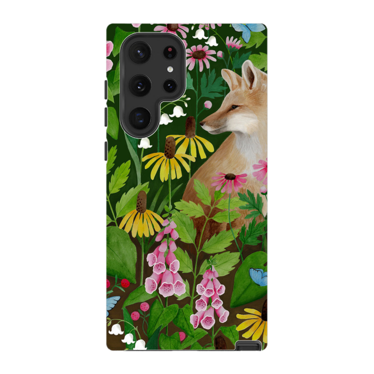 Samsung Tough Case featuring a fox surrounded by colorful foxgloves and wildflowers on a dark green background.