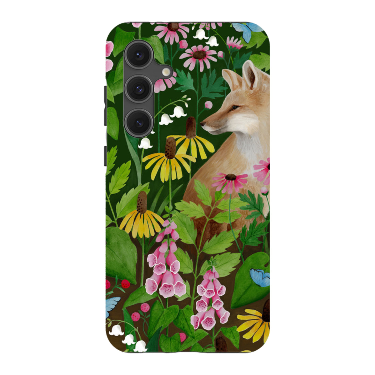 Samsung Tough Case featuring a fox, pink foxgloves, and yellow flowers on a dark green background with a triple-lens camera.