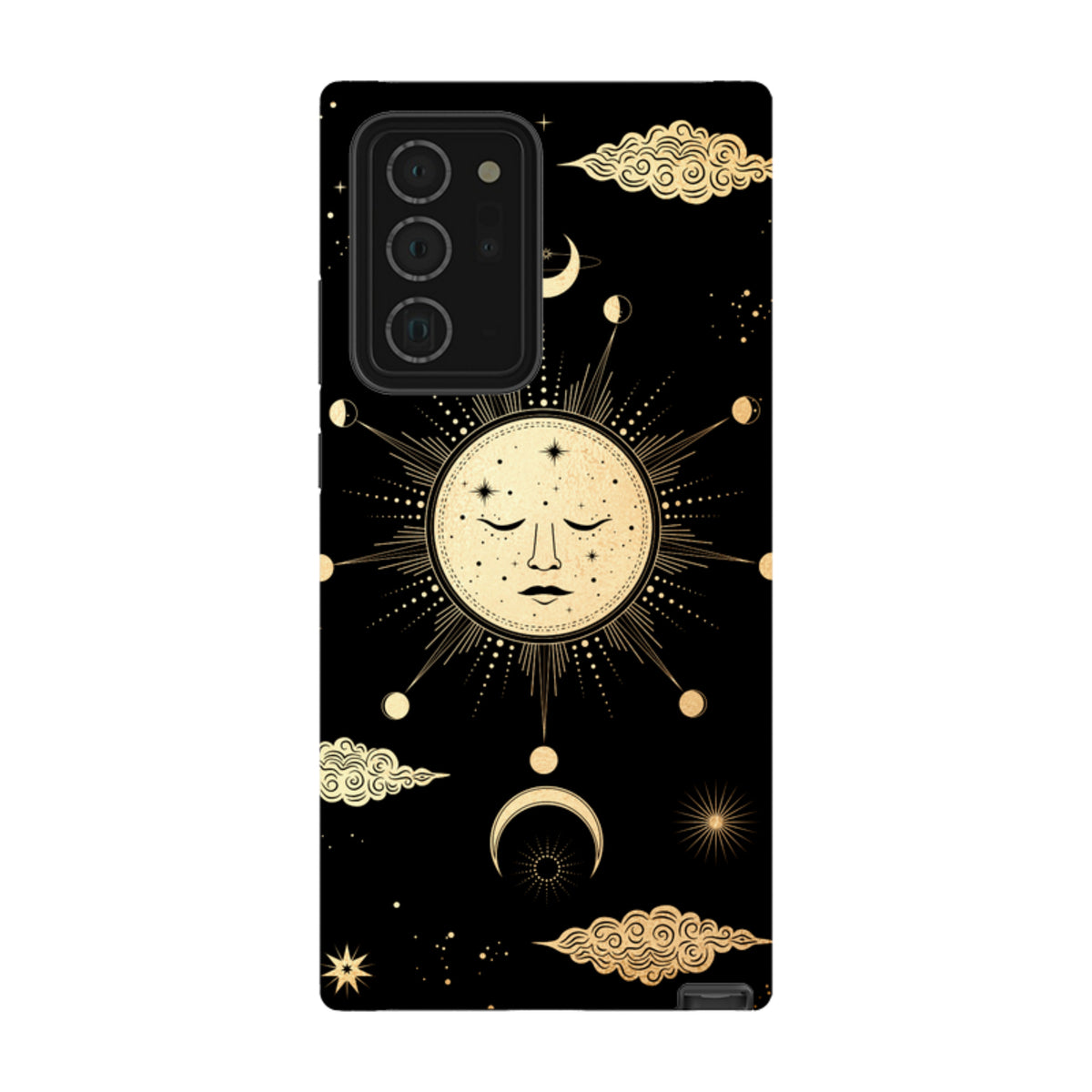 Samsung tough phone case featuring a gold celestial full moon design with stars and clouds on a black background.