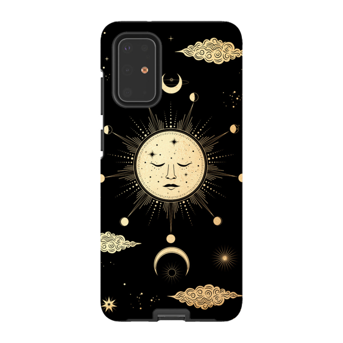 Samsung Tough Case featuring a gold celestial sun and moon design on a black background with dual-layer protection.