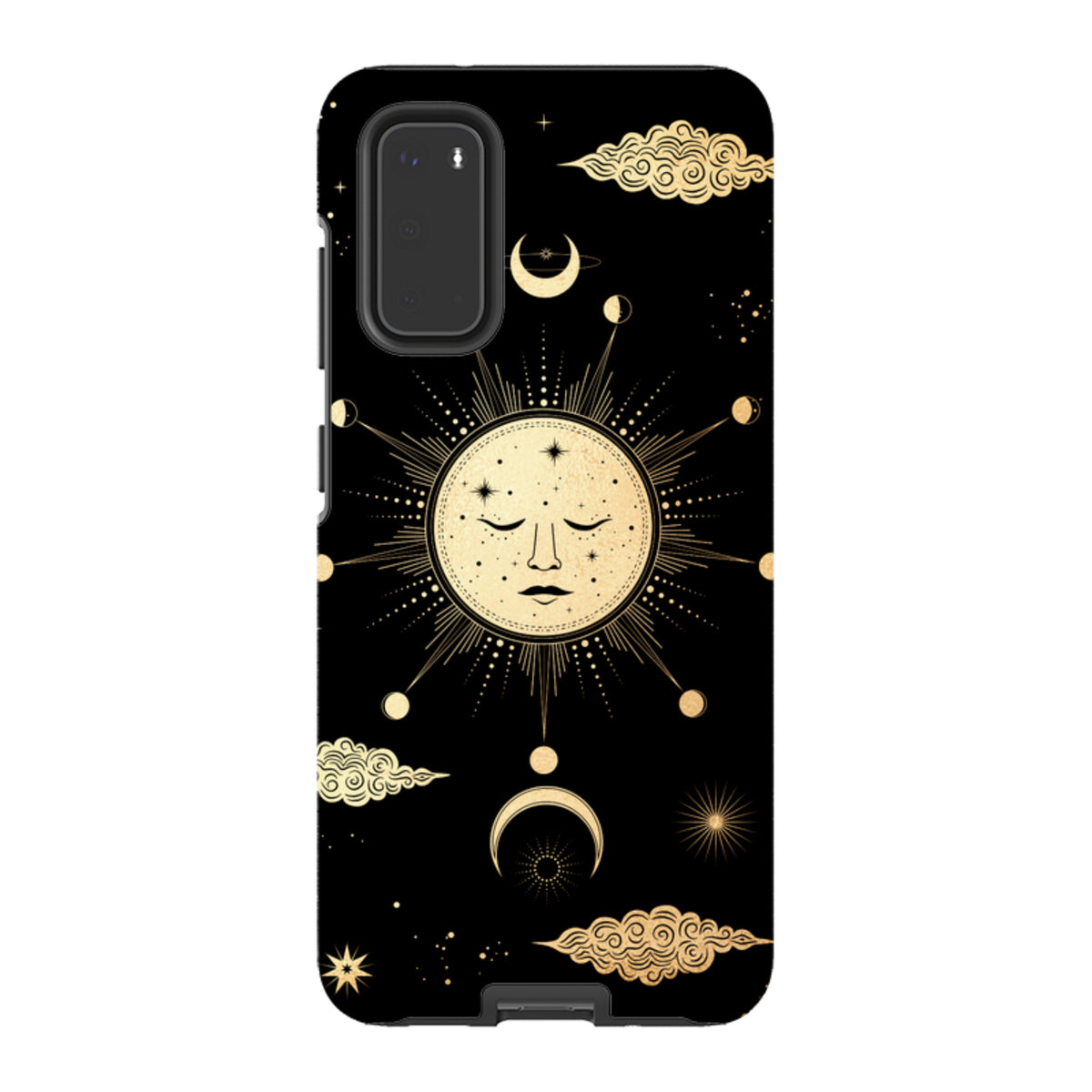 Samsung Tough Case featuring a gold celestial sun and moon design on a black background with protective dual-layer casing.