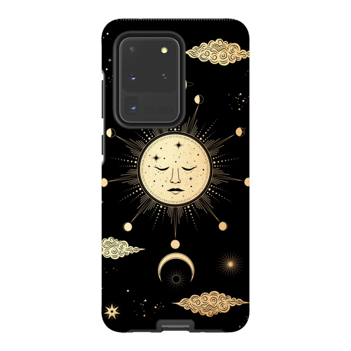 Samsung Galaxy tough case featuring a gold celestial sun and moon design on a black background with protective bezels.