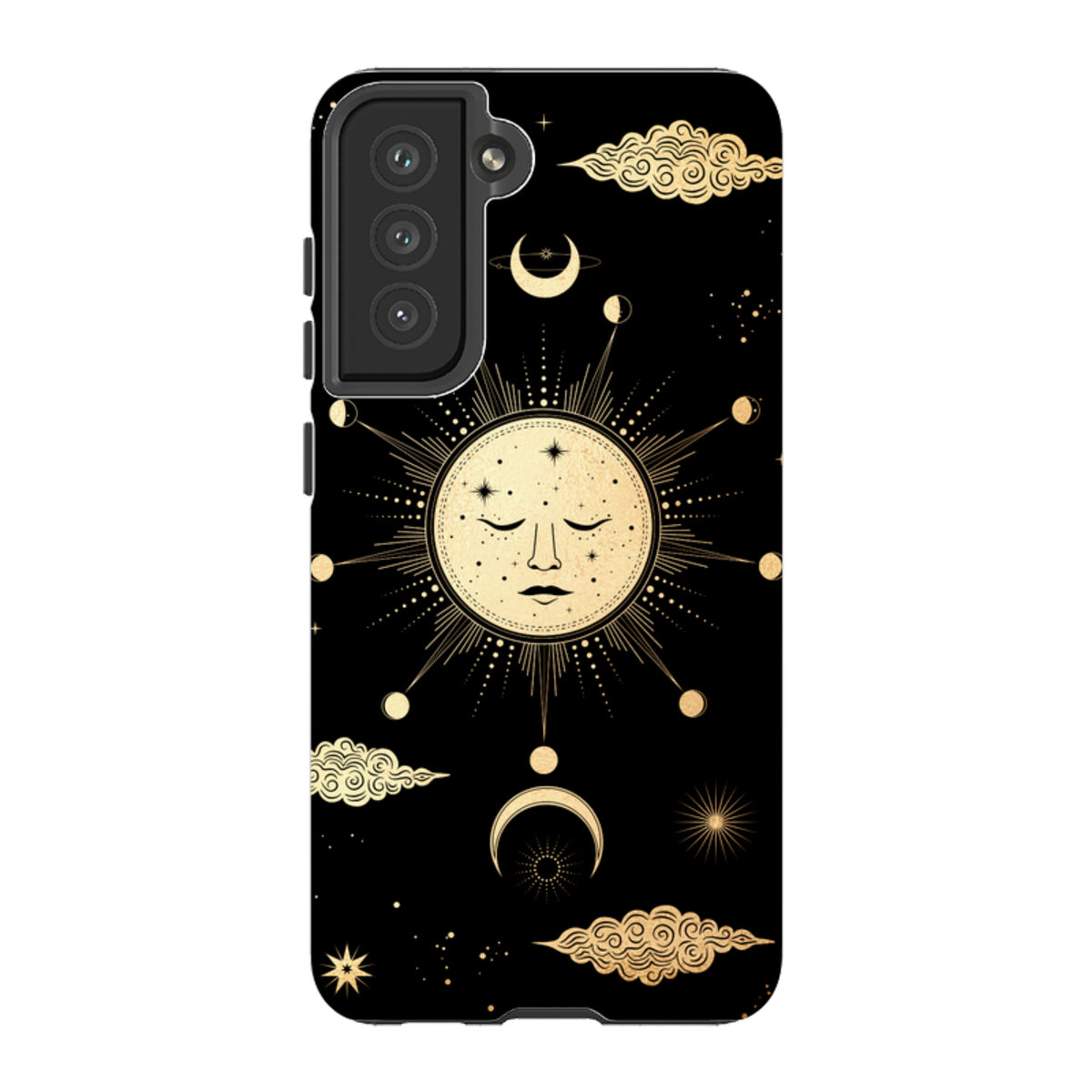 Samsung Galaxy tough case featuring a celestial gold sun and moon design on a black background with protective bezels.