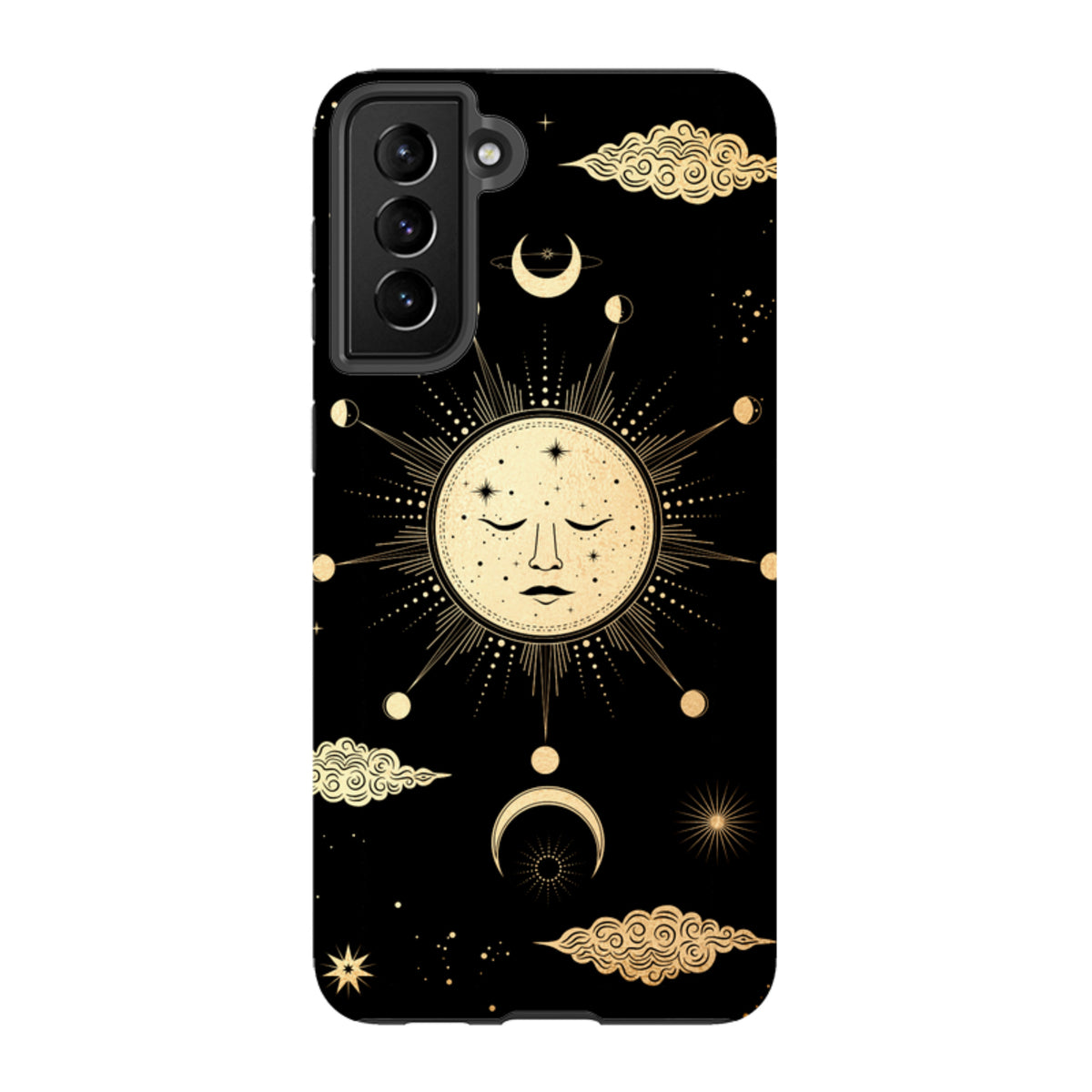 Samsung Galaxy tough case featuring a celestial gold sun and moon design on a black background with protective bezels.