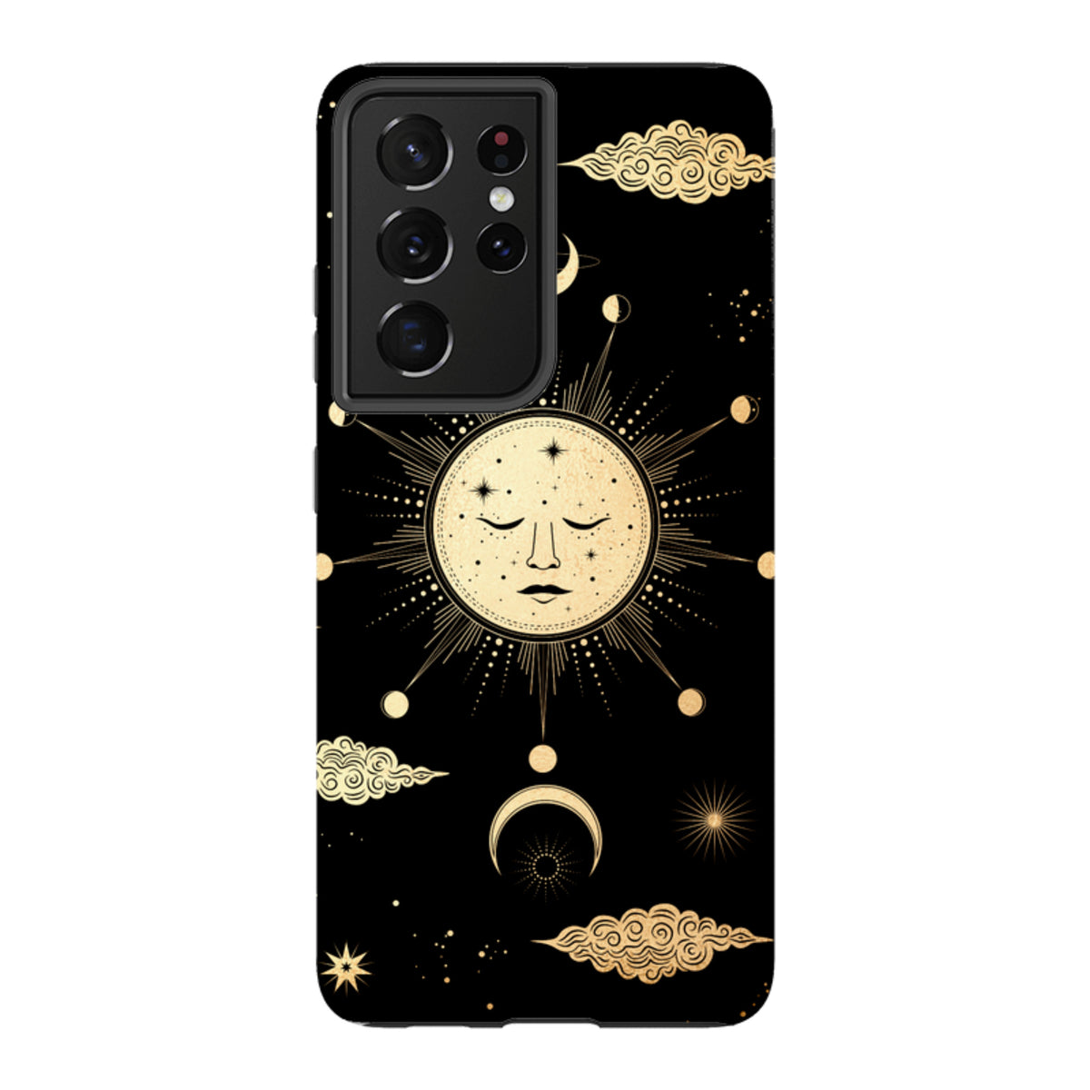 Samsung Galaxy tough case featuring a gold celestial full moon and star design on a sleek black background.