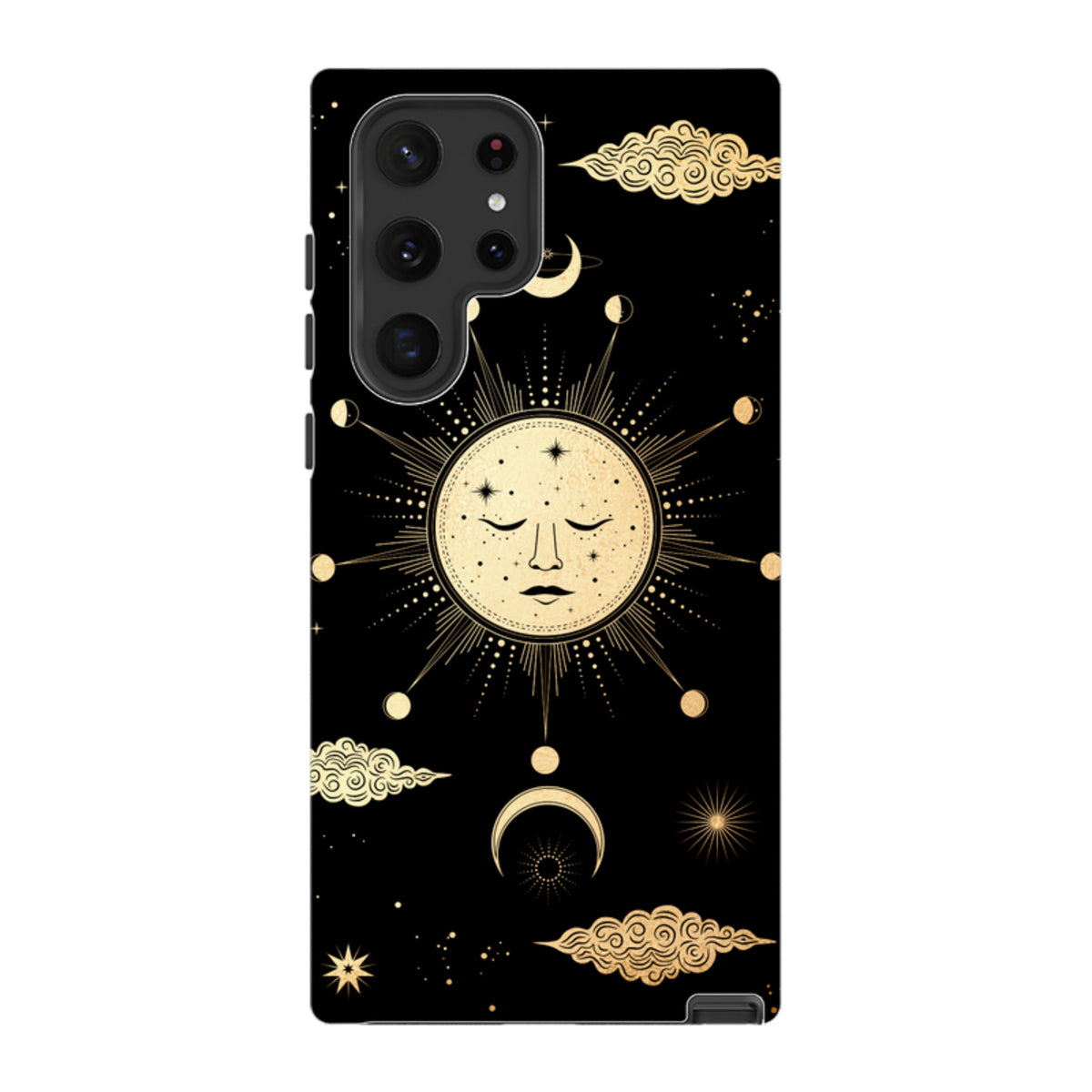 Samsung Galaxy tough case featuring a gold celestial sun and moon design on a black background with protective bezels.