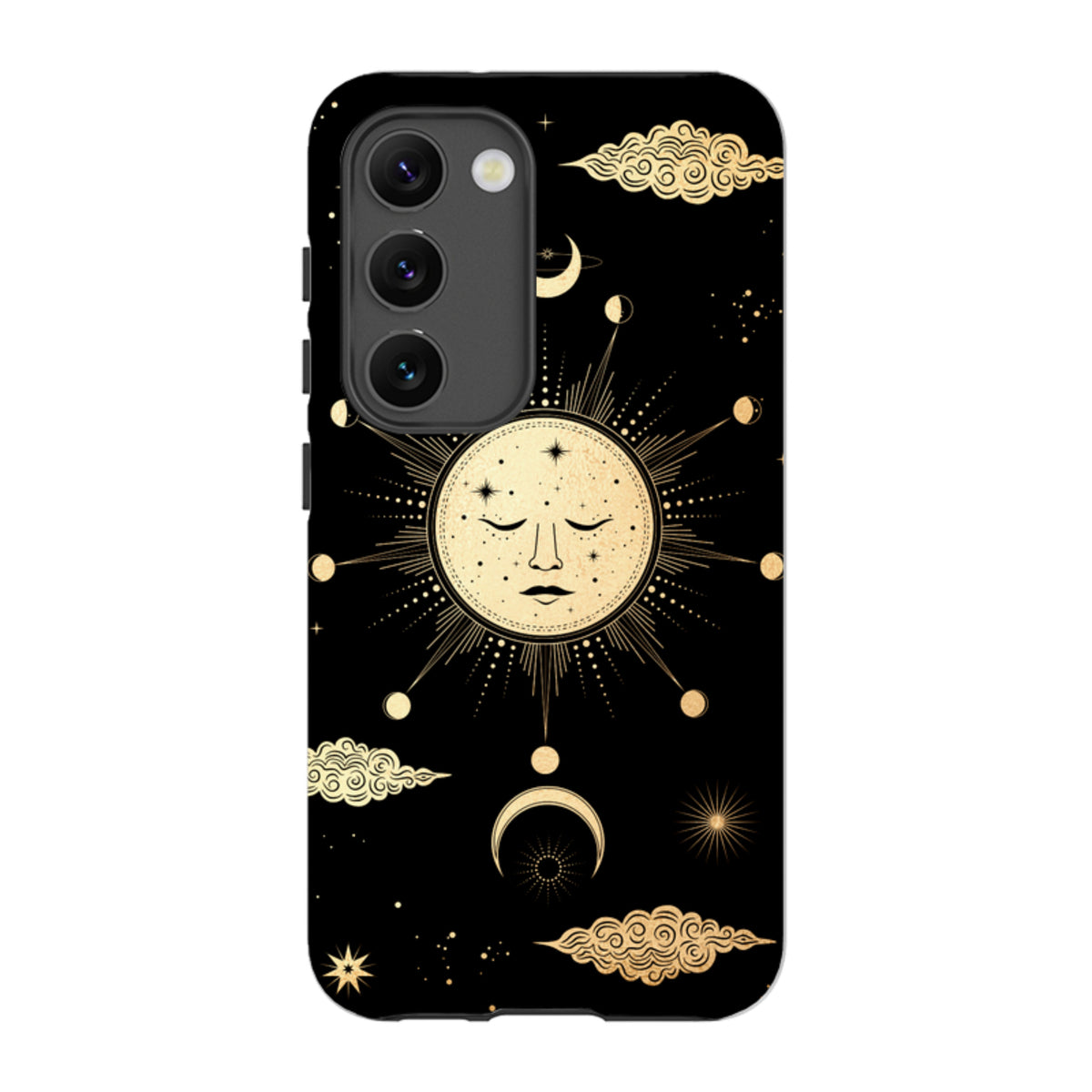 Samsung phone case with a black background, gold celestial sun and moon art, and dual-layer protective design.