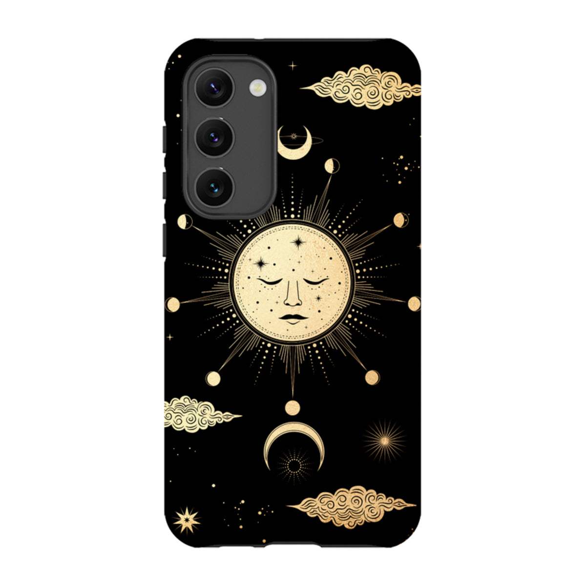 Samsung Tough Case featuring a gold celestial sun and moon design on a black background with dual-layer protection.