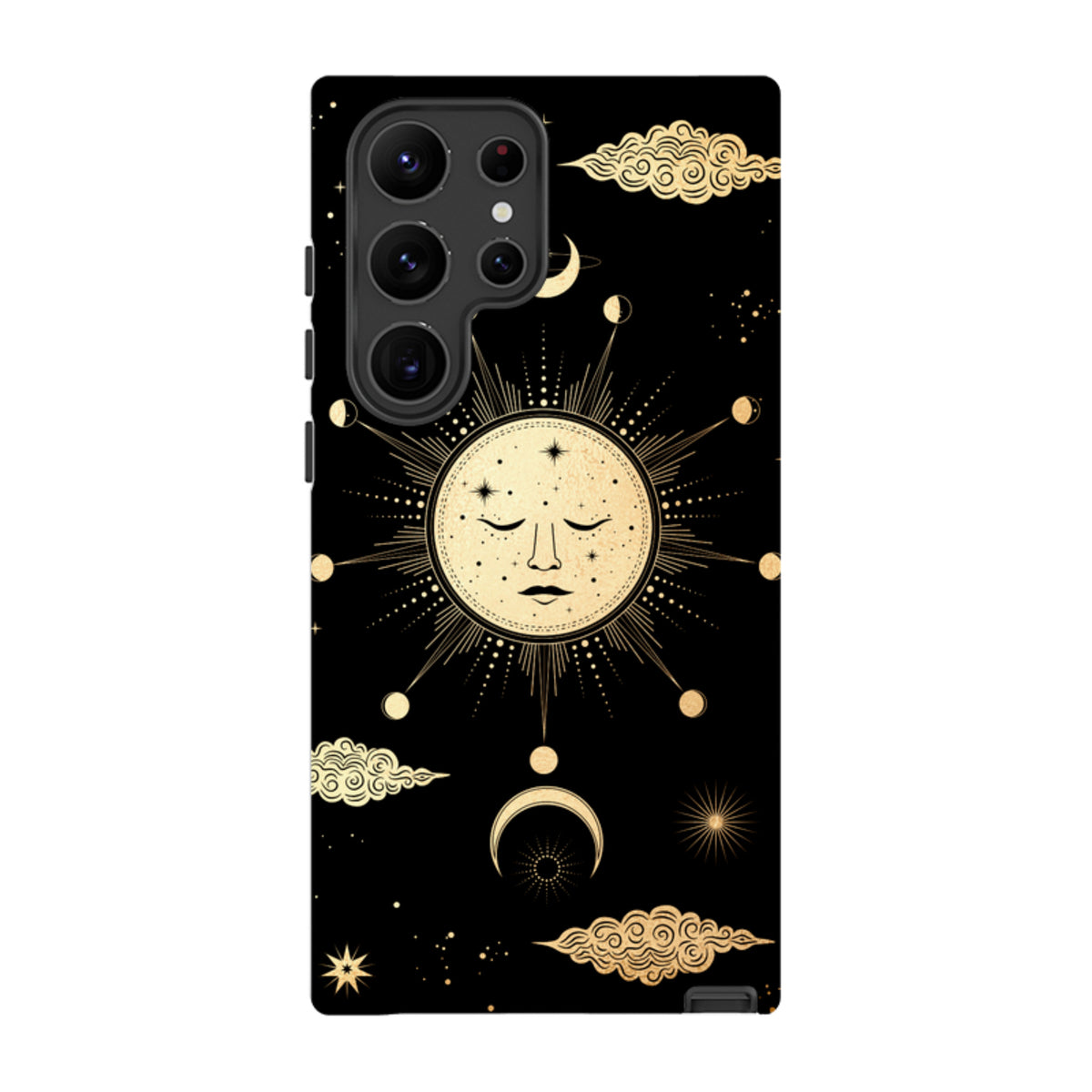 Samsung Galaxy tough case featuring a gold celestial full moon and star design on a black background.