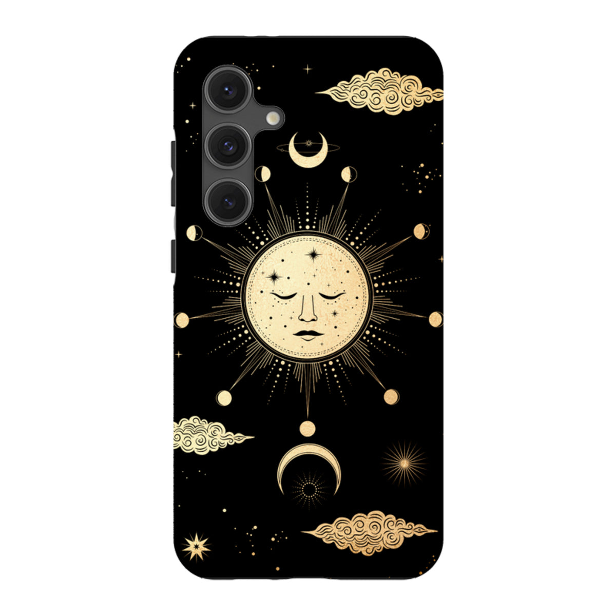 Samsung Tough Case featuring a gold celestial sun and moon design on a black background with dual-layer protection.