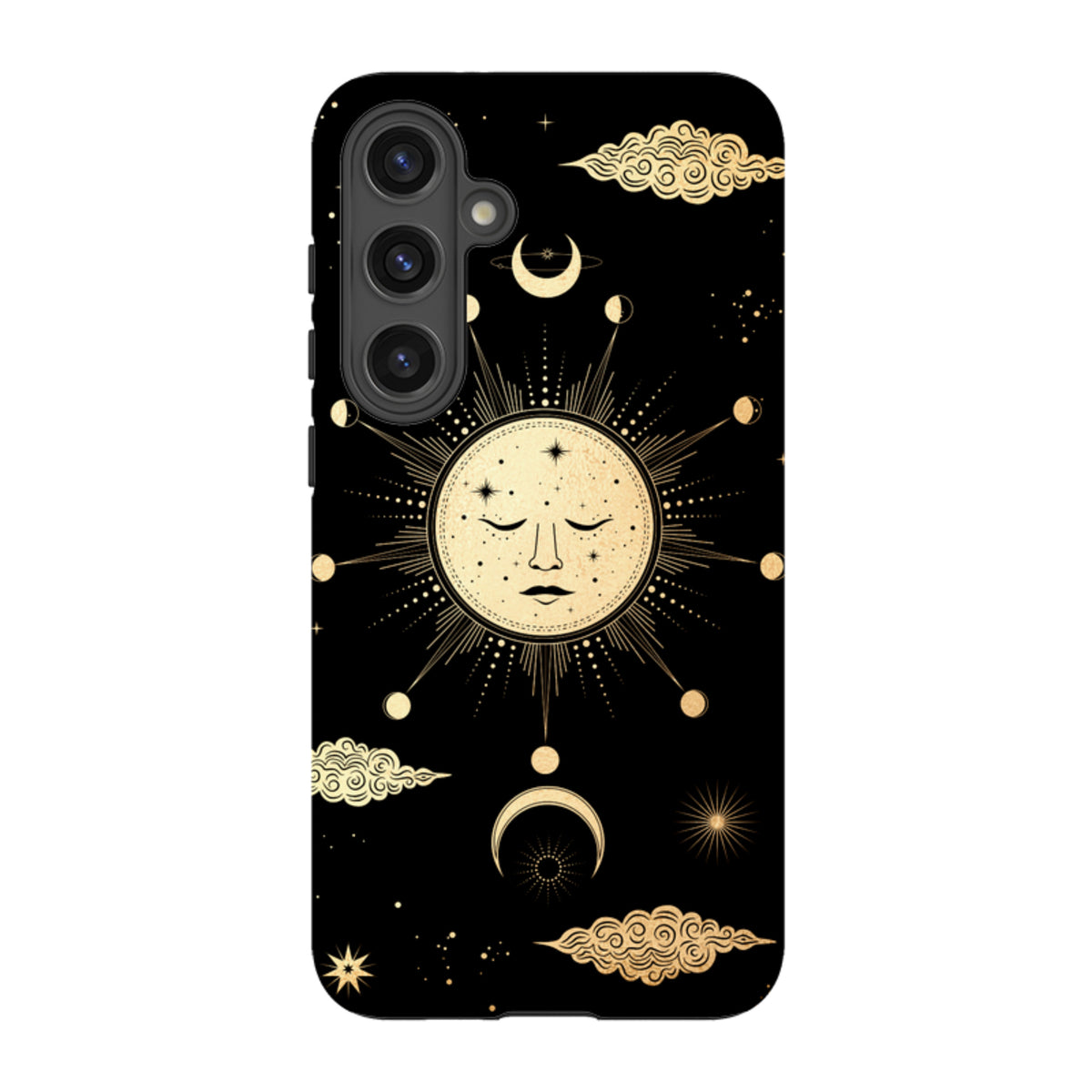 Samsung Tough Case featuring a gold celestial sun and moon design on a black background with dual-layer protection.
