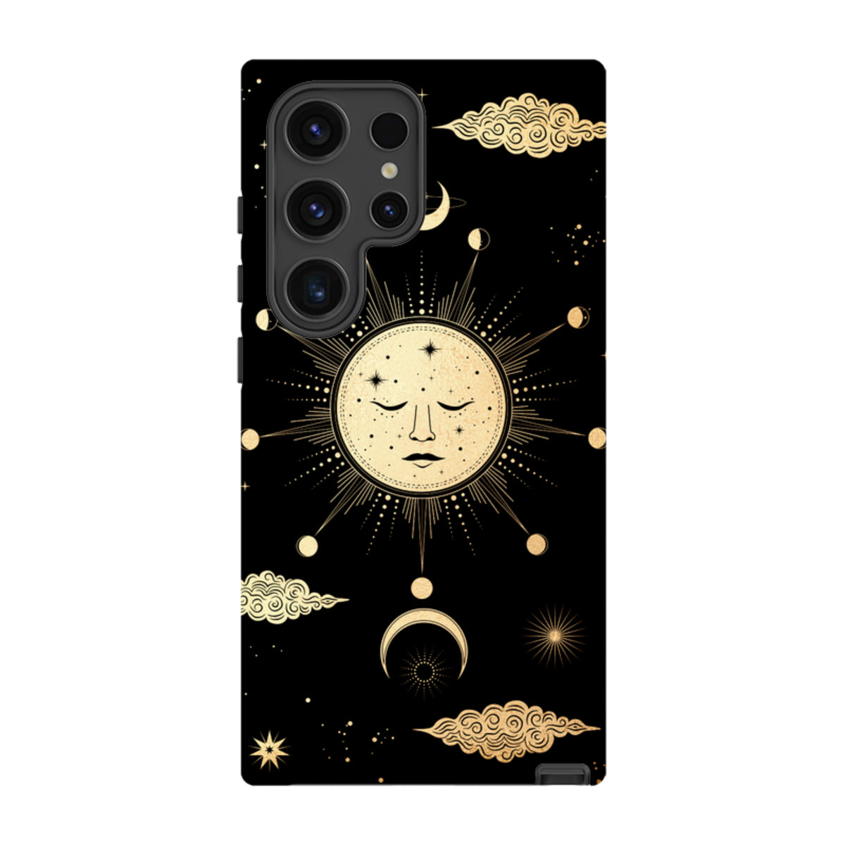 Samsung Galaxy tough case with gold celestial moon and sun art on a black background, featuring dual-layer protection.