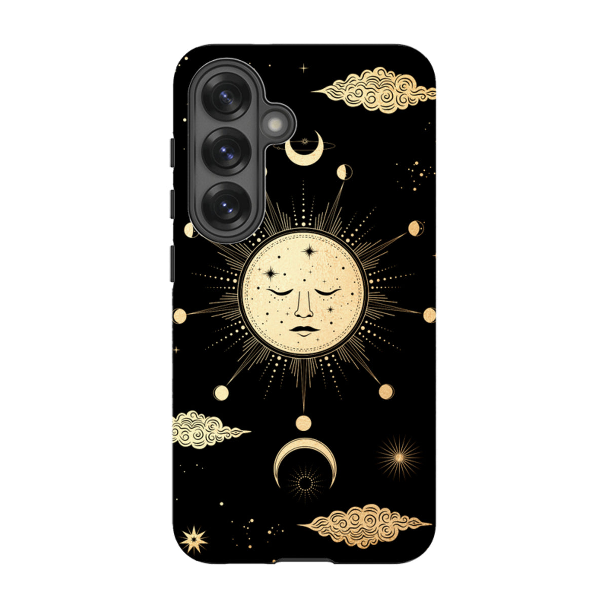 Samsung Tough Case featuring a gold celestial sun and moon design on a black background with protective dual-layer shell.