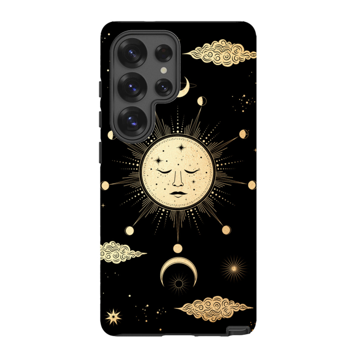 Samsung Galaxy tough case featuring a gold celestial full moon and star design on a black background.