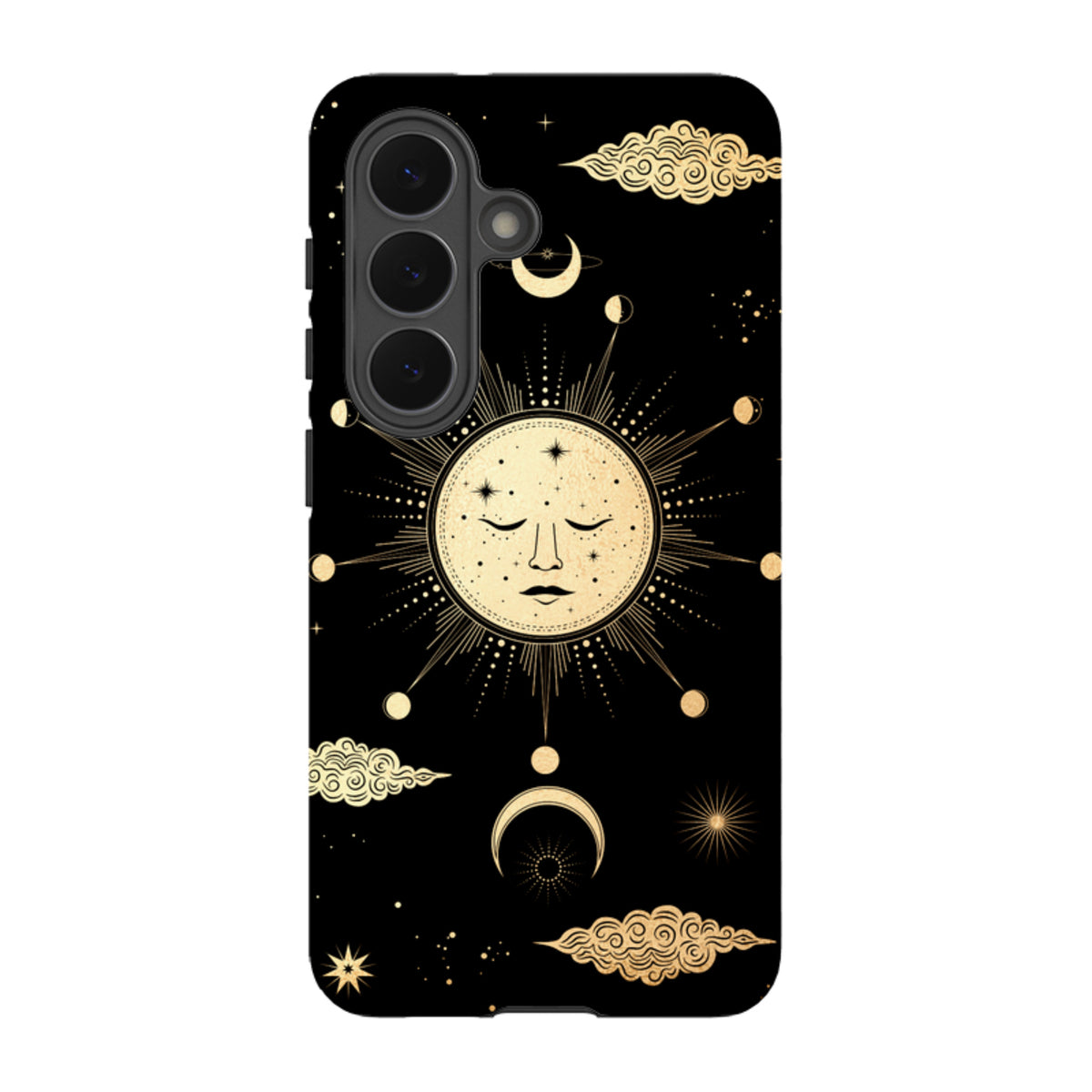 Samsung Tough Case featuring a gold celestial sun and moon design on a black background with dual-layer protection.