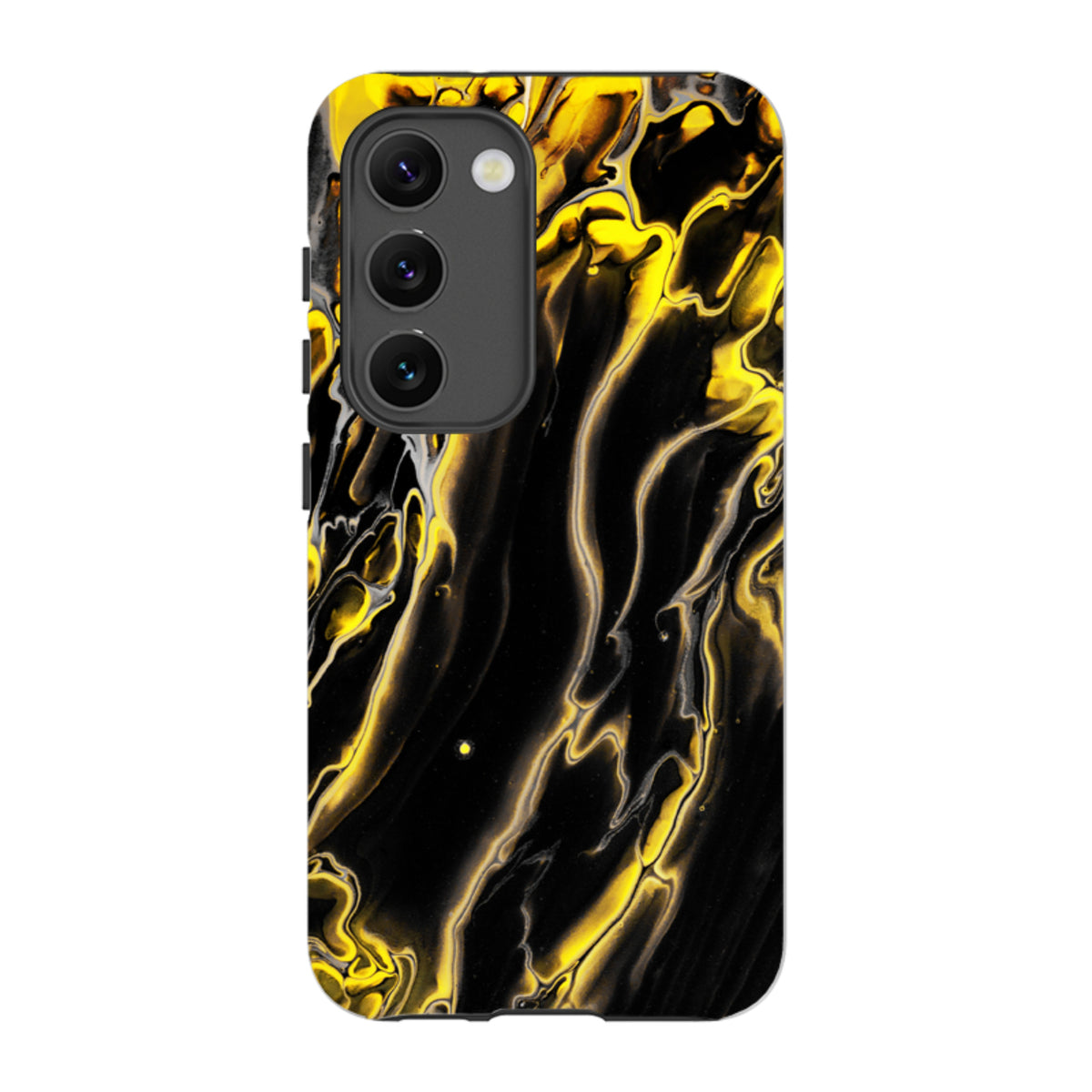 Samsung Tough Case featuring a vibrant black and yellow marbled furnace design with a durable dual-layer finish.