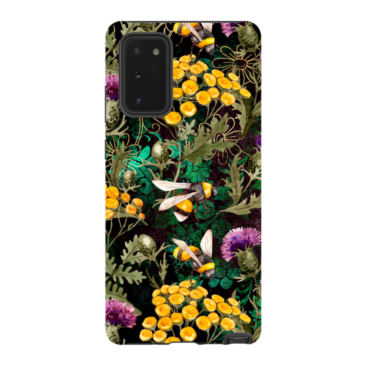 Samsung Tough Case featuring a vibrant bee and wildflower pattern on a dark background with dual-layer protection.