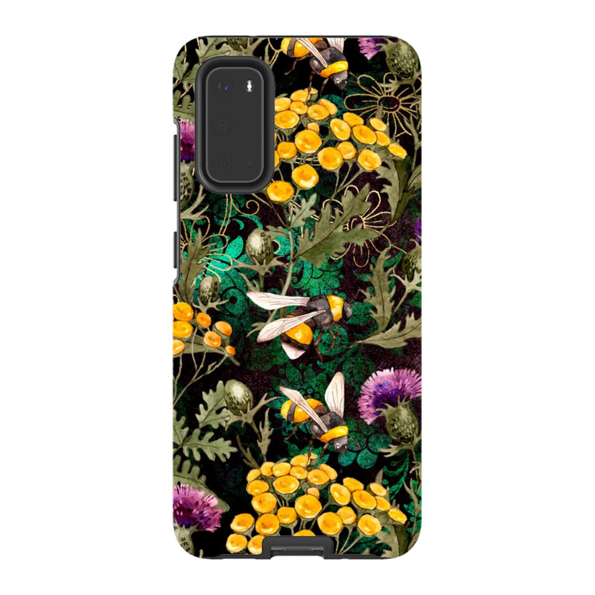 Samsung Tough Case featuring a vibrant bee and yellow wildflower print on a black background with dual-layer protection.