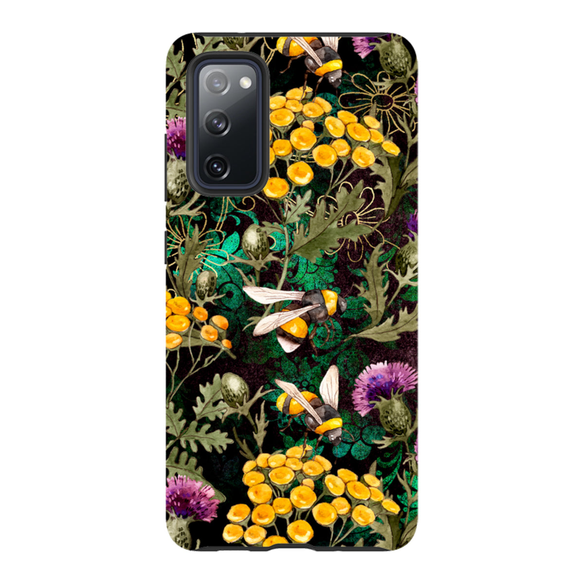 Samsung Tough Case featuring a vibrant bee, yellow flower, and purple thistle botanical print on a black background.