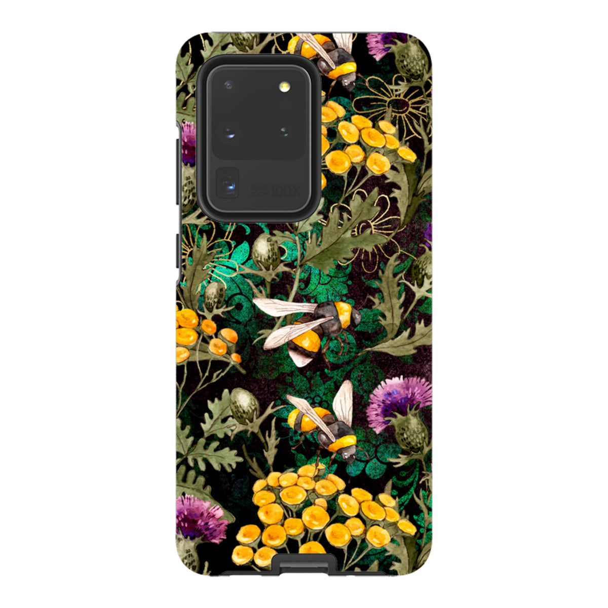 Samsung Tough Case featuring a vibrant bee and wildflower pattern on a black background with dual-layer protective design.