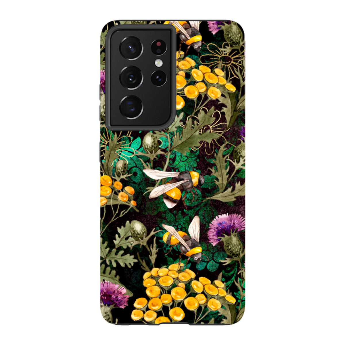 Samsung Galaxy tough case featuring a vibrant bee and wildflower pattern on a dark background with dual-layer protection.