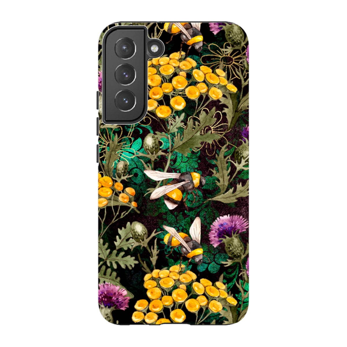 Samsung Tough Case featuring a vibrant botanical bee and wildflower print on a dark background with dual-layer protection.