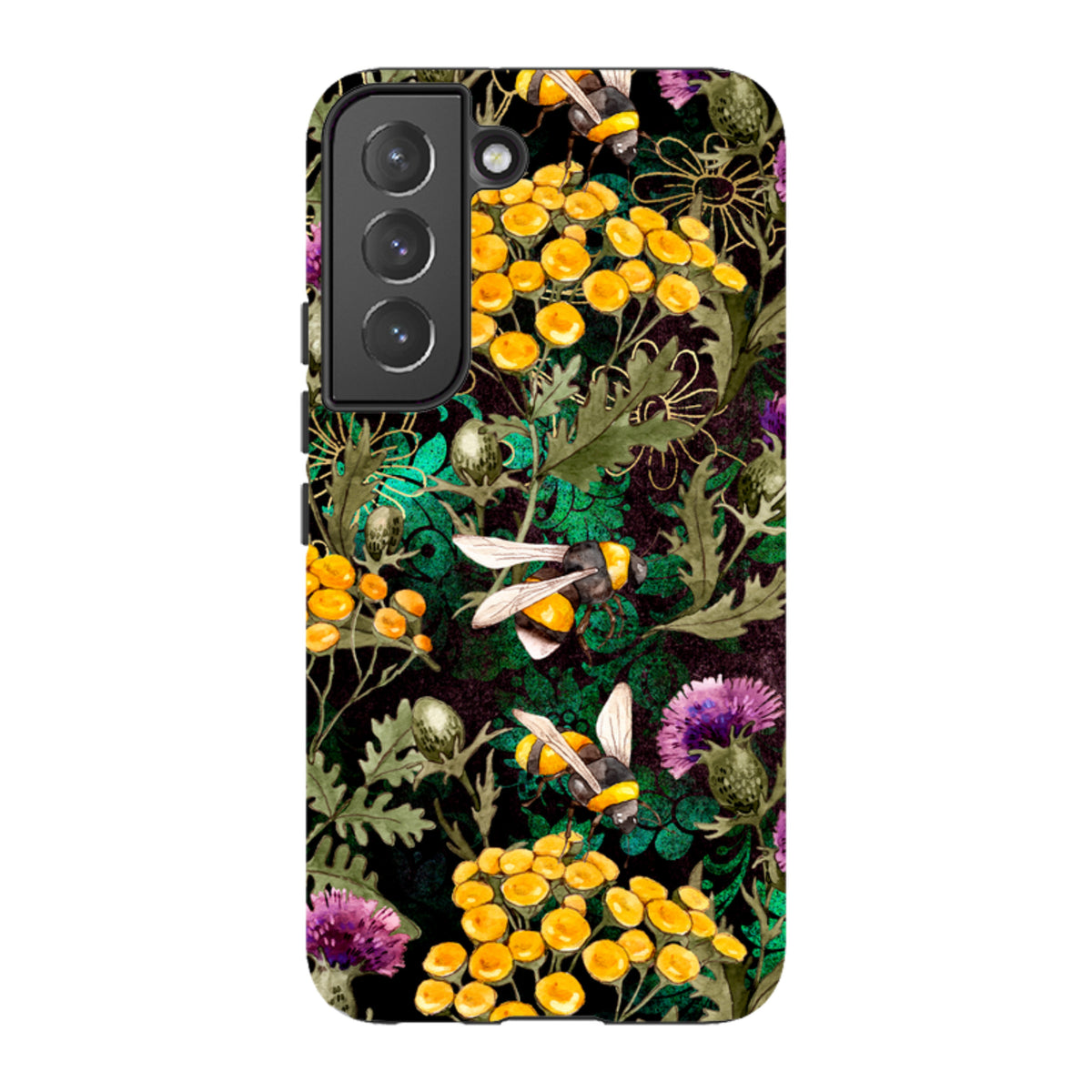 Samsung Tough Case featuring a vibrant bee and yellow wildflower print on a dark background with dual-layer protection.