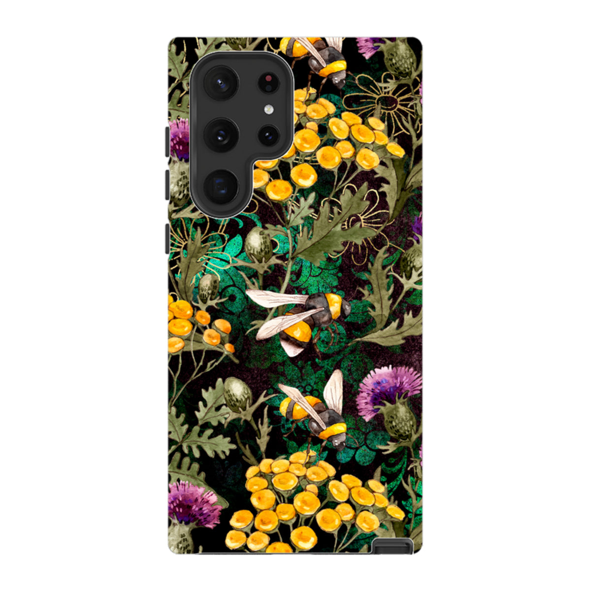 Samsung Galaxy tough case featuring a vibrant botanical pattern with bees, yellow flowers, and purple thistles on black.