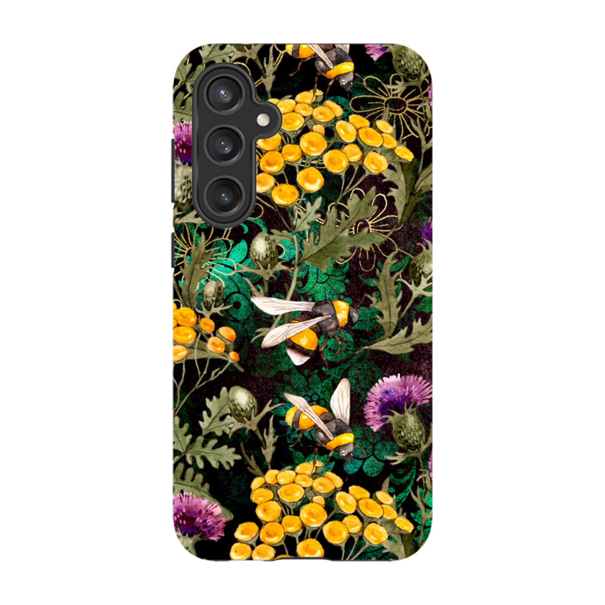 Samsung Tough Case featuring a vibrant botanical print with yellow flowers, purple thistles, and bees on black.
