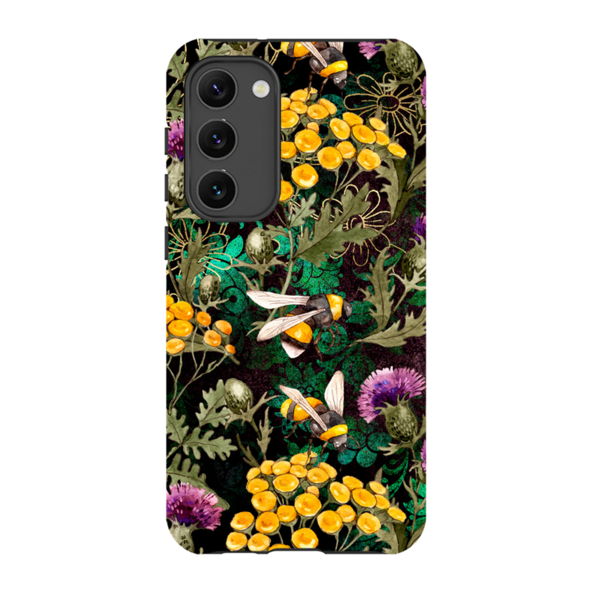 Samsung Tough Case featuring a vibrant bee and wildflower pattern on a dark background with dual-layer protection.
