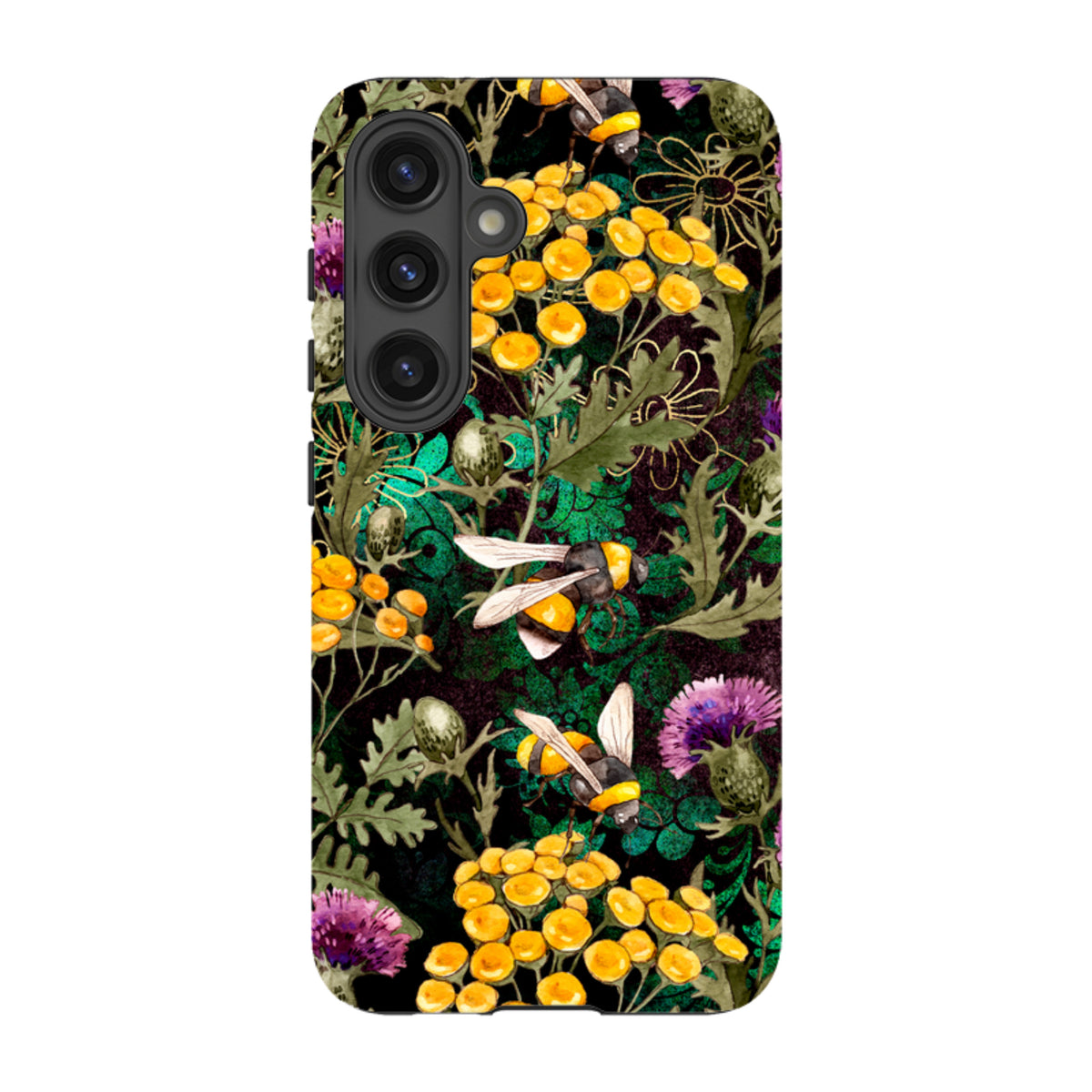 Samsung Tough Case featuring a vibrant botanical print with bees, yellow flowers, and purple thistles on black.