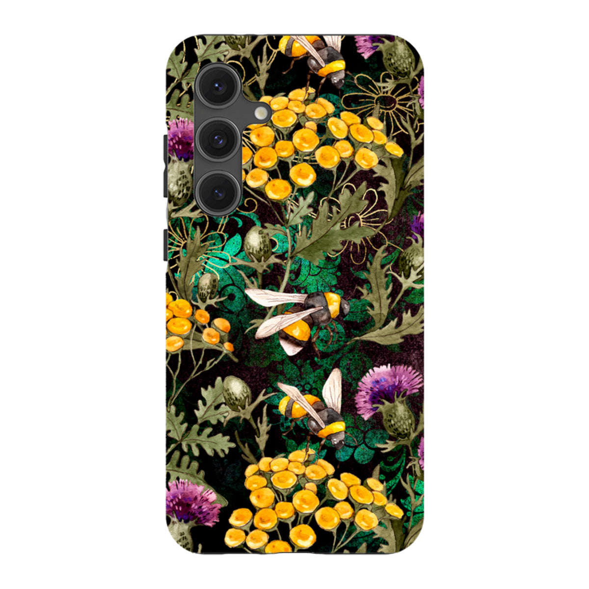 Samsung Tough Case featuring a vibrant botanical print with yellow flowers, purple thistles, and bees on black.