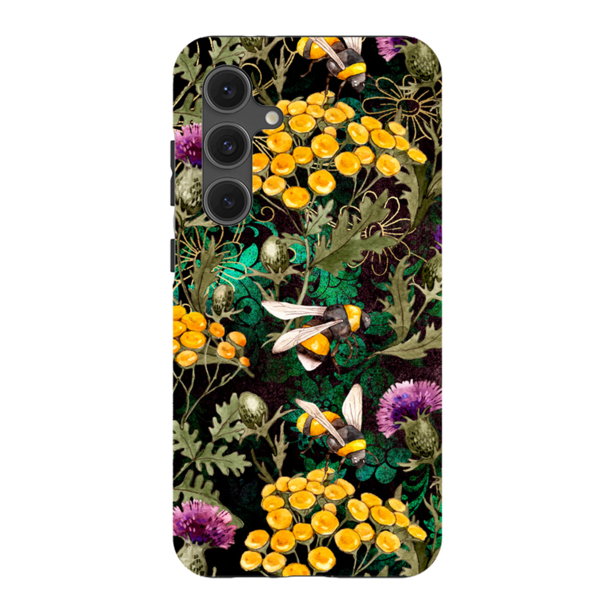 Samsung Tough Case featuring a dark floral pattern with yellow bees, golden tansy flowers, and purple thistles.