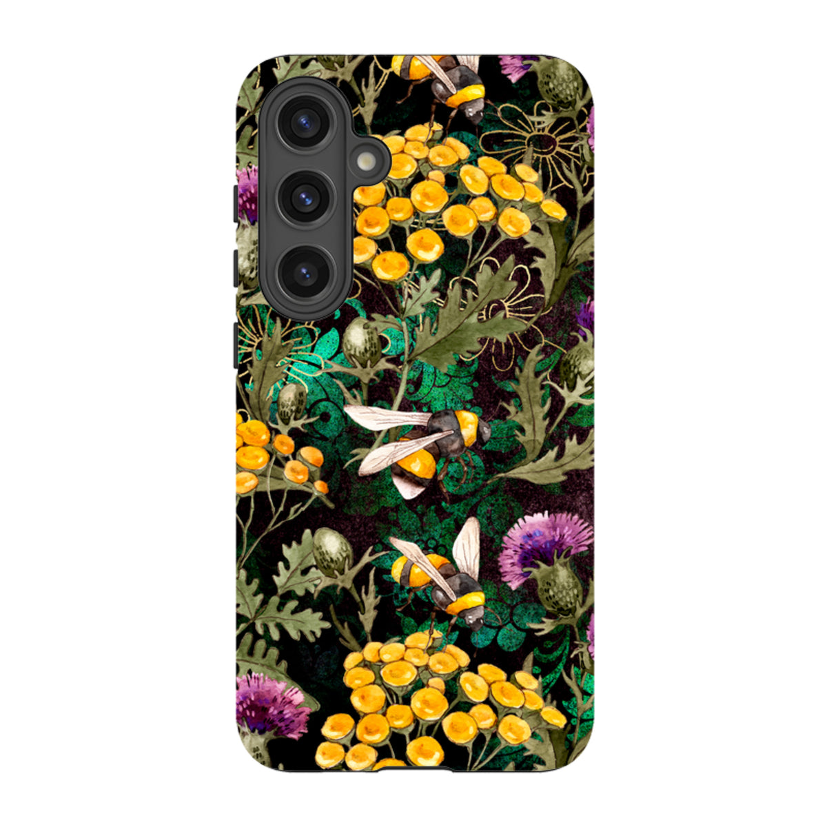 Samsung Tough Case featuring a vibrant botanical print with bees, yellow flowers, and purple thistles on black.