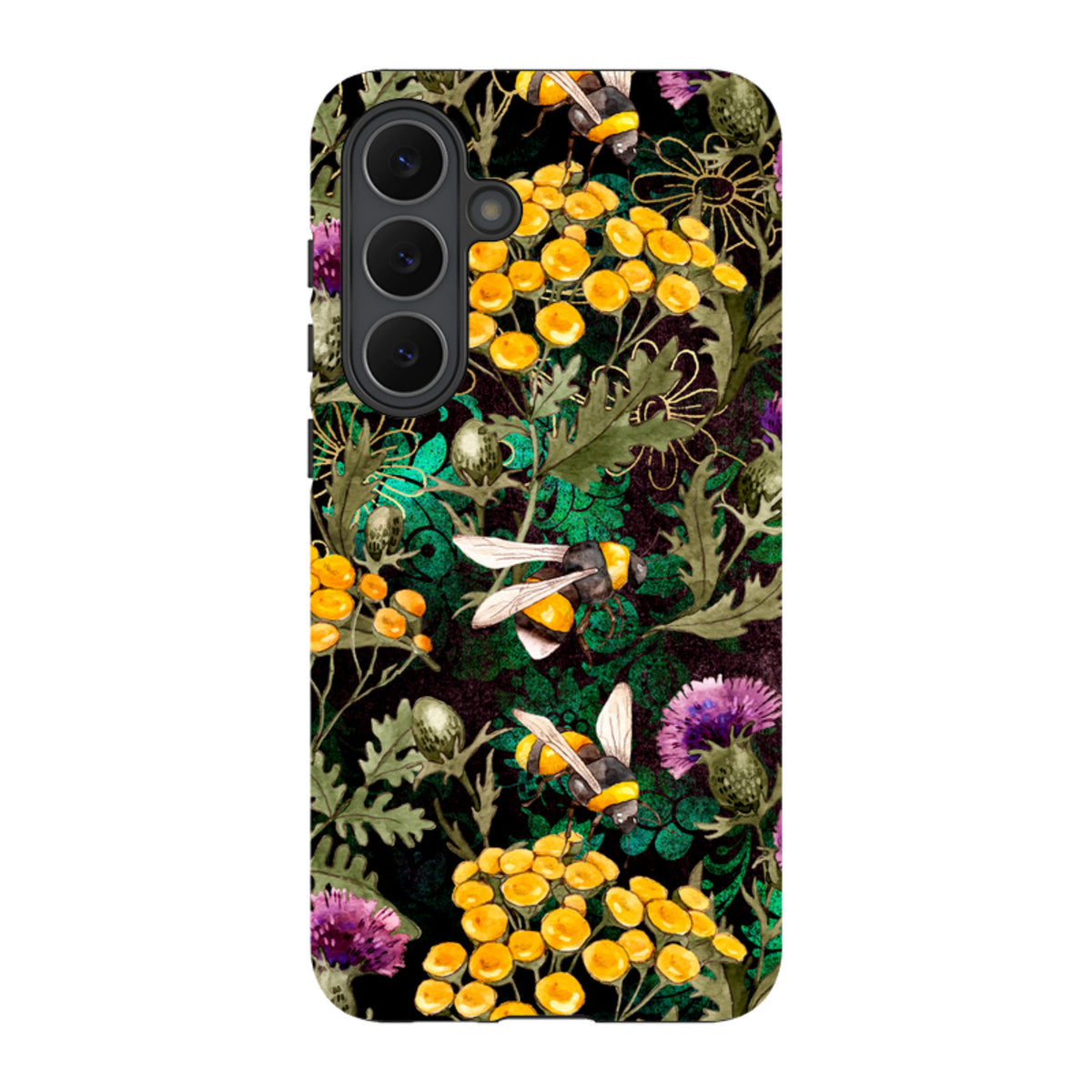 Samsung Tough Case featuring a vibrant floral and bee pattern with yellow flowers and purple thistles on black.