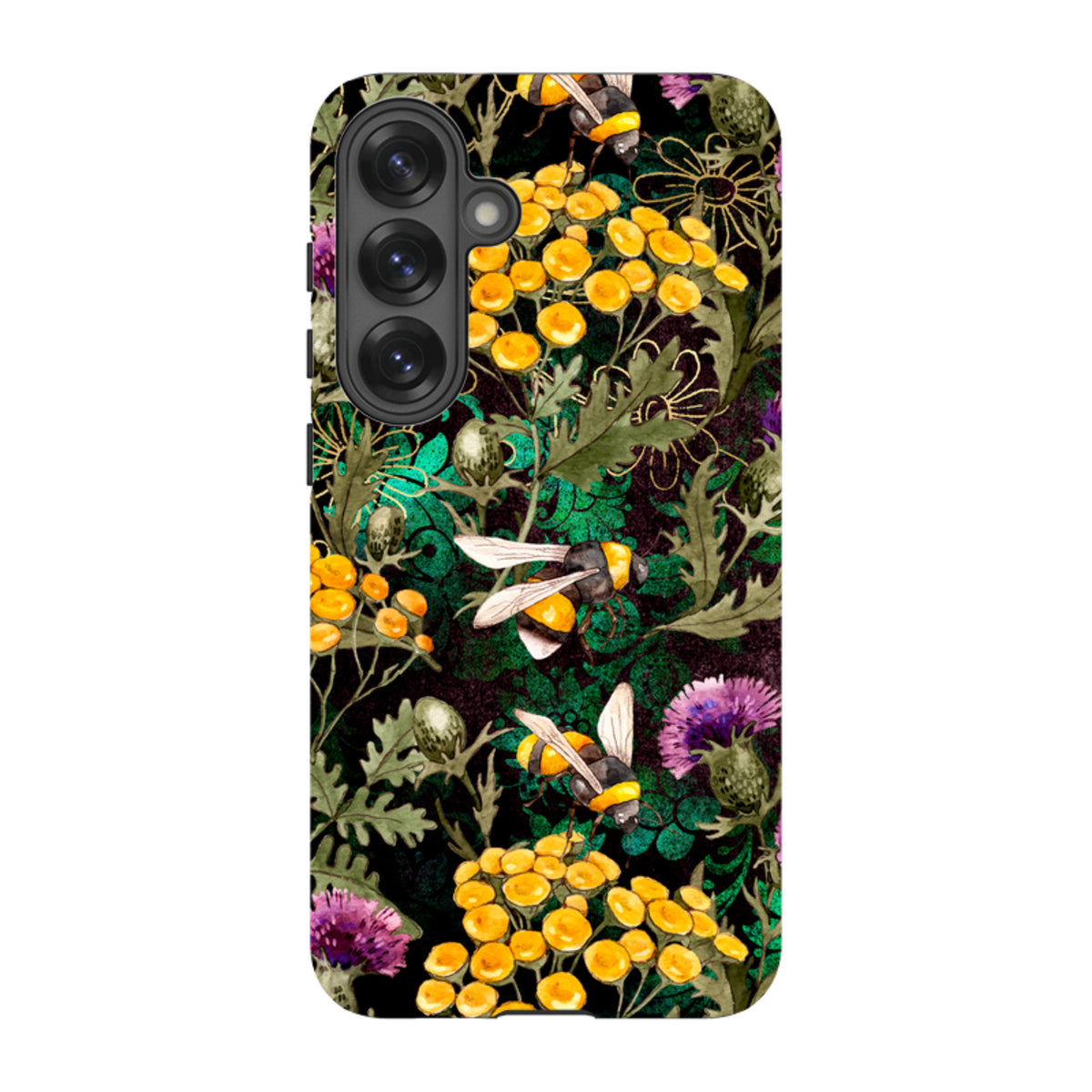 Samsung Tough Case featuring a vibrant botanical bee and wildflower print on a durable dual-layer protective shell.