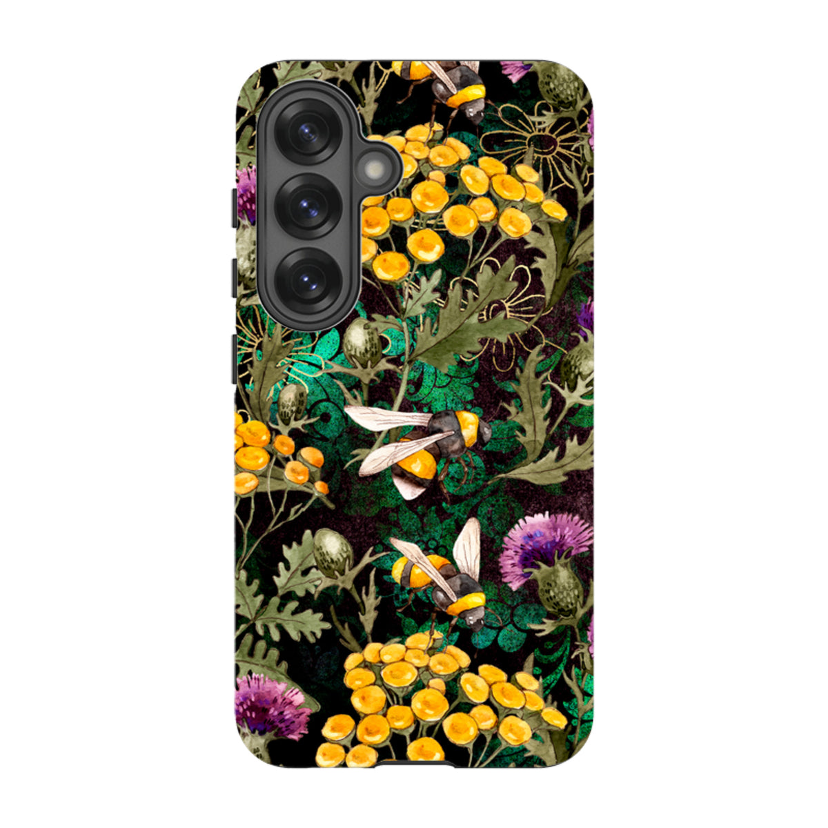 Samsung Tough Case featuring a vibrant bee and yellow flower botanical print on a dark background with dual-layer protection.