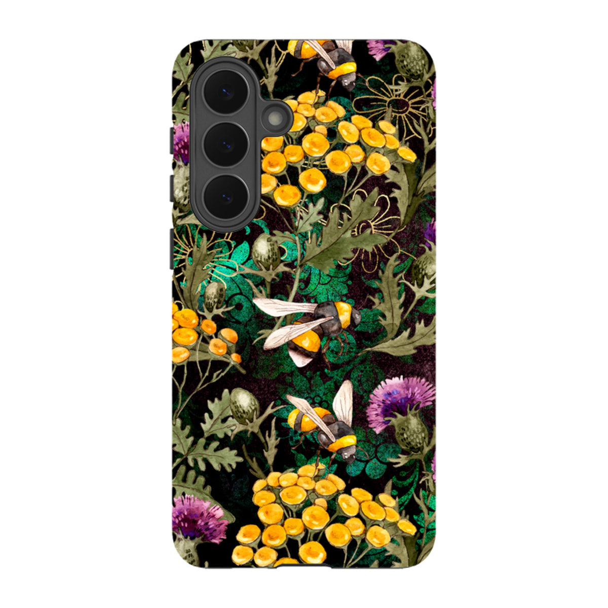 Samsung Tough Case featuring a vibrant bee and yellow wildflower print on a dark botanical background.